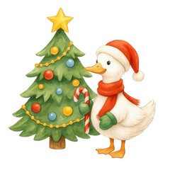 Christmas tree and duck with candy cane in winter