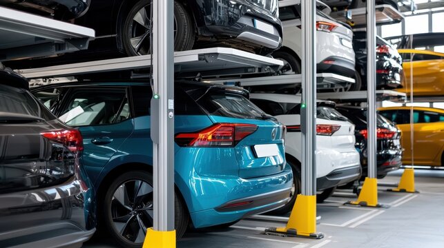 Multi-level parking garage with modern cars stacked on automated platforms.