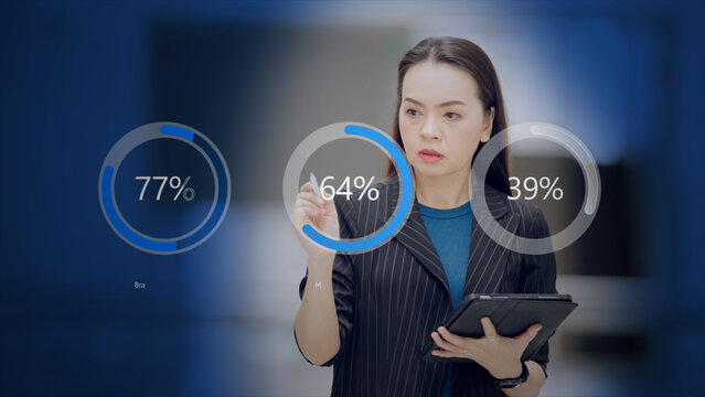 Professional woman interacting with virtual dashboard showing data analytics and percentage charts - Powered by Adobe
