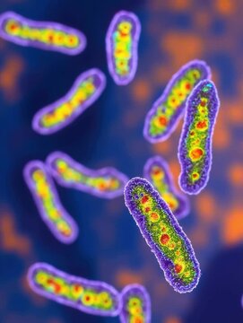 Fluorescent animation of Clostridium botulinum cells with rod-shaped glowing structures
