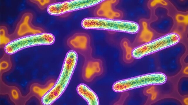 Animated bacterial visualization with fluorescent neon halos and dynamic thermographic background