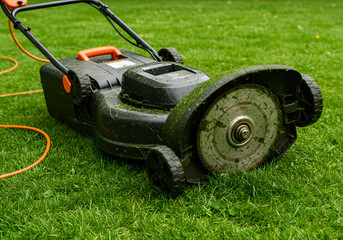 Fototapeta premium Closeup of electric lawn mower on green grass, ready for yard maintenance task