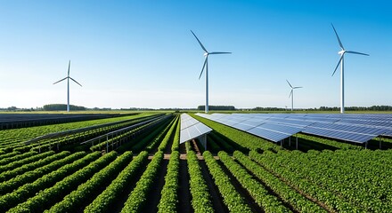 Rows of healthy crops with solar panels and wind turbines under a sunny blue sky.