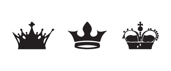 Crown icons set, crown symbol set. king, princess crowns, royal king crown, simple minimal king crown black silhouette, vector illustration EPS 10.