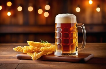 a glass of beer, delicious food, a bar. Beer festival. Oktoberfest. Folklore festival in Germany.