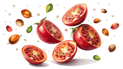 A vibrant arrangement of sliced tamarillos with seeds and leaves on white background