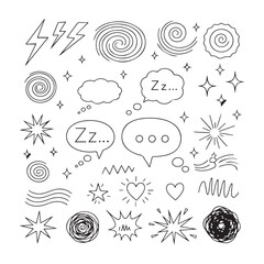 Manga doodle expression set. Line comic anime elements featuring cartoon motion, emphasis marks, exclamations, dizzy, angry, and shocked emotions with funny effects. Isolated vector collection. (2)