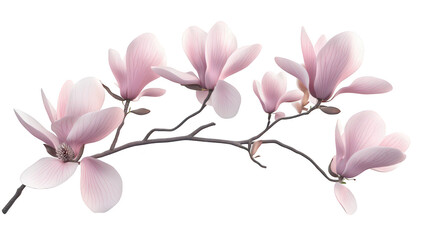 Obraz premium A delicate branch of pink magnolia flowers gracefully arching against a clean white background. their soft petals and intricate details. ideal for spring-themed designs or nature-focused projects