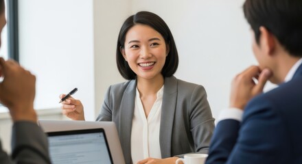 Smiling professional woman leading a business meeting with colleagues in an office setting