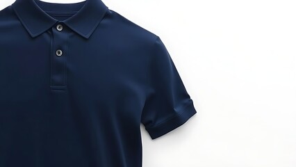 A navy short-sleeve polo shirt with ribbed details, showcasing classic casual wear.