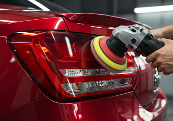 Close up of a person polishing the taillight of a red car with a buffer tool