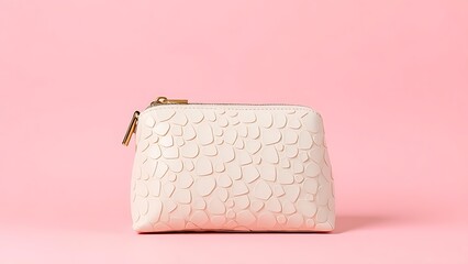 Elegant cosmetic bag on soft pink background, highlighting texture and design.