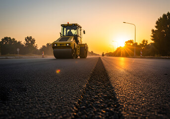 Road roller working on new asphalt at sunset, creating a smooth and even surface