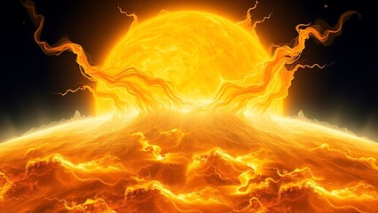 Abstract solar surface erupting in color-shifting plasma tendrils from yellow to white.