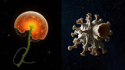 Two stem cells side by side—one vibrant on Earth, the other withered in starry space.