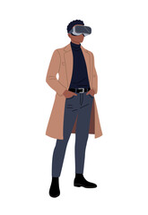 Elegant African American man in autumn clothes with stylish camel coat, wearing VR headset, full length, flat vector illustration isolated on transparent background