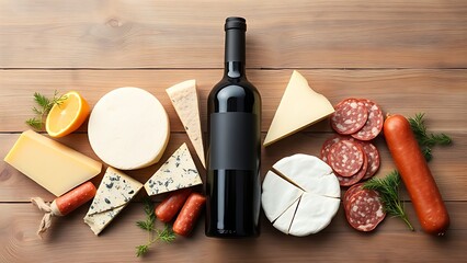 A bottle of wine accompanied by assorted cheeses and sausages arranged on a wooden surface.