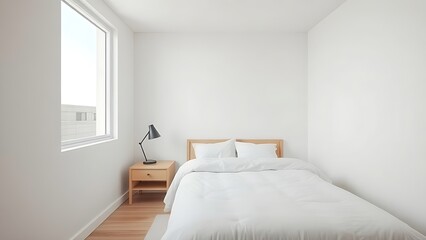 A corner of a modern minimalist bedroom featuring a bed and nightstand, bathed in soft natural ambient light.