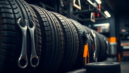 Automotive tire service concept with tools, workshop ambient light.
