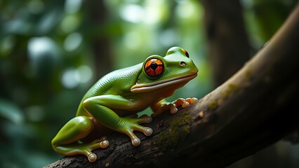 Close-up portrait of a vibrant green tree frog in its lush rainforest habitat.