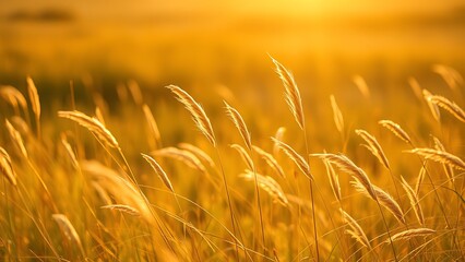 Golden sunlit meadow landscape with soft focus background