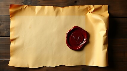 Ancient parchment scroll with wax seal, evoking historical documents on a rustic wooden surface.