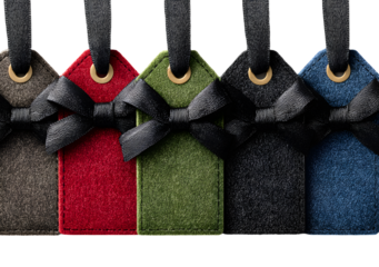 Elegant set of velvet gift tags with ribbon bows isolate on white background, set includes red, green, blue and black colors, festive isolate concept for packaging and decoration