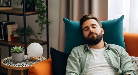 Relaxed man napping peacefully on comfy couch at home enjoying weekend rest calmness serenity peace quiet comfort homebody lazy day sleep nap relaxation