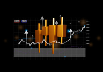 Golden candlestick chart with bullish trend and trading signals, Minimal concept trading crypto currency, 3D