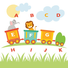 Obraz premium Alphabet train with animals and clouds