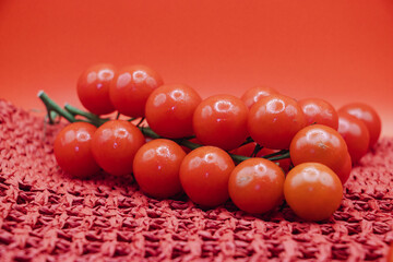Vibrant Red Cherry Tomatoes on a Vine with Water Droplets on a Textured Red Background 