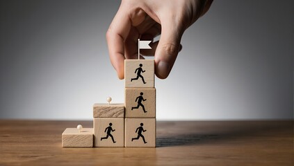 Hand building career ladder flag symbol cubes