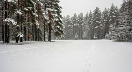 Snowy Forest Clearing with Pine Trees and Footprints in Fresh White Snow