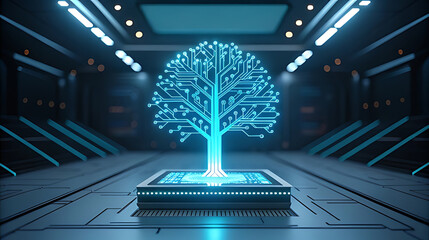 Glowing blue circuit board tree on futuristic platform