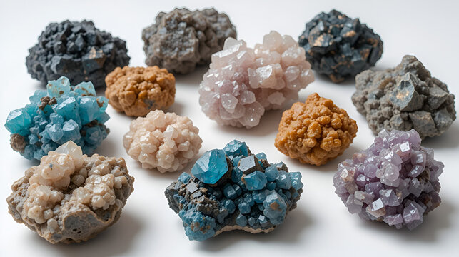 Collection of different mineral stones Perovskite and knopite crystals titanium ore calcium titanate on a white surface