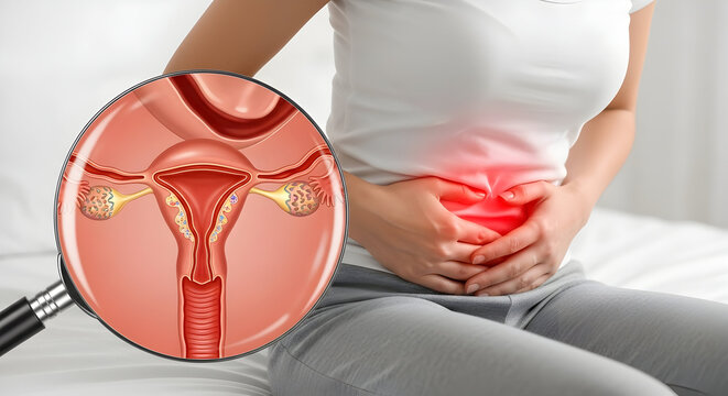 Woman experiencing severe menstrual cramps pain lower abdomen discomfort healthcare medical illustration reproductive health gynecology female
