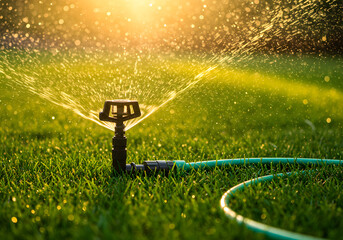 Sprinkler system watering a green lawn with a golden sunlight in the background