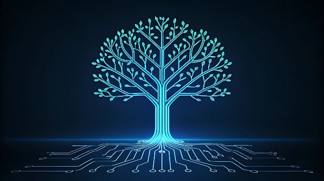 Glowing blue circuit board tree with neon light technology