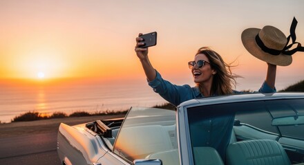 Woman takes selfie in convertible at sunset enjoying beach road trip adventure