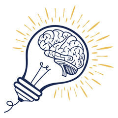 Brain inside a lightbulb with rays of light