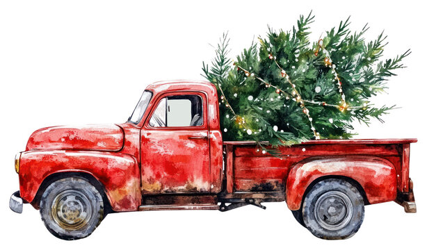 PNG Red truck with a Christmas tree watercolor christmas art.