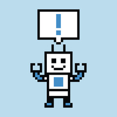 Cute pixel art cartoon robot or AI learning skill with exclamation mark calculate bot robot vector character technology background 8 bit.