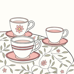 Charming teacups and saucers with floral tablecloth illustration