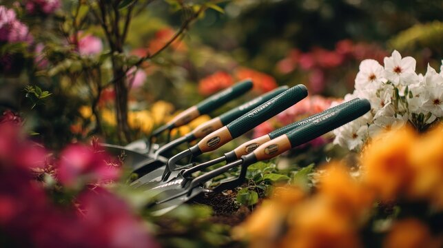 Ergonomic garden tool set with softgrip handles in sharp focus blurred lush garden background highlights comfort and ease for prolonged planting tasks.