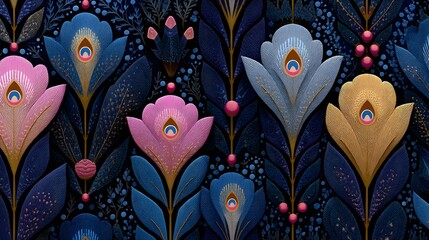 A stylized, symmetrical Art Deco pattern featuring peacock feathers in pink, blue, and gold with ornate details and a dark background.