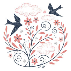 Whimsical swallows and floral design with clouds