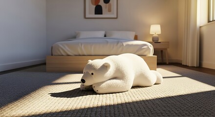 Sunlit bedroom interior with plush polar bear toy resting on a carpeted floor