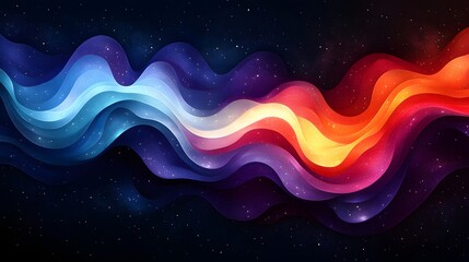 An abstract artwork depicting layered cosmic waves with a textured feel, transitioning from cool blues to warm reds and oranges against a starry background.