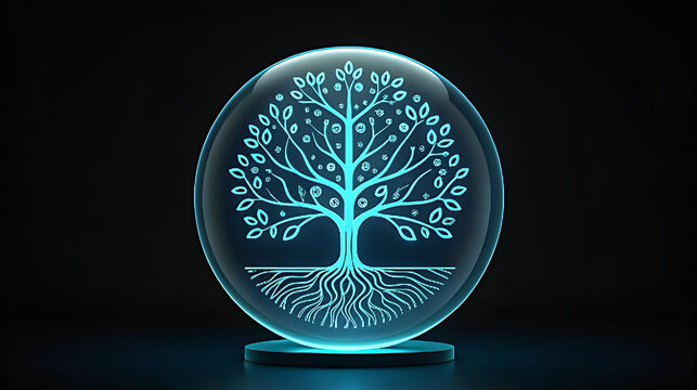 Glowing blue circuit tree inside glass sphere life