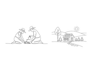 Two people planting and a house with solar panels gardening one line art drawing